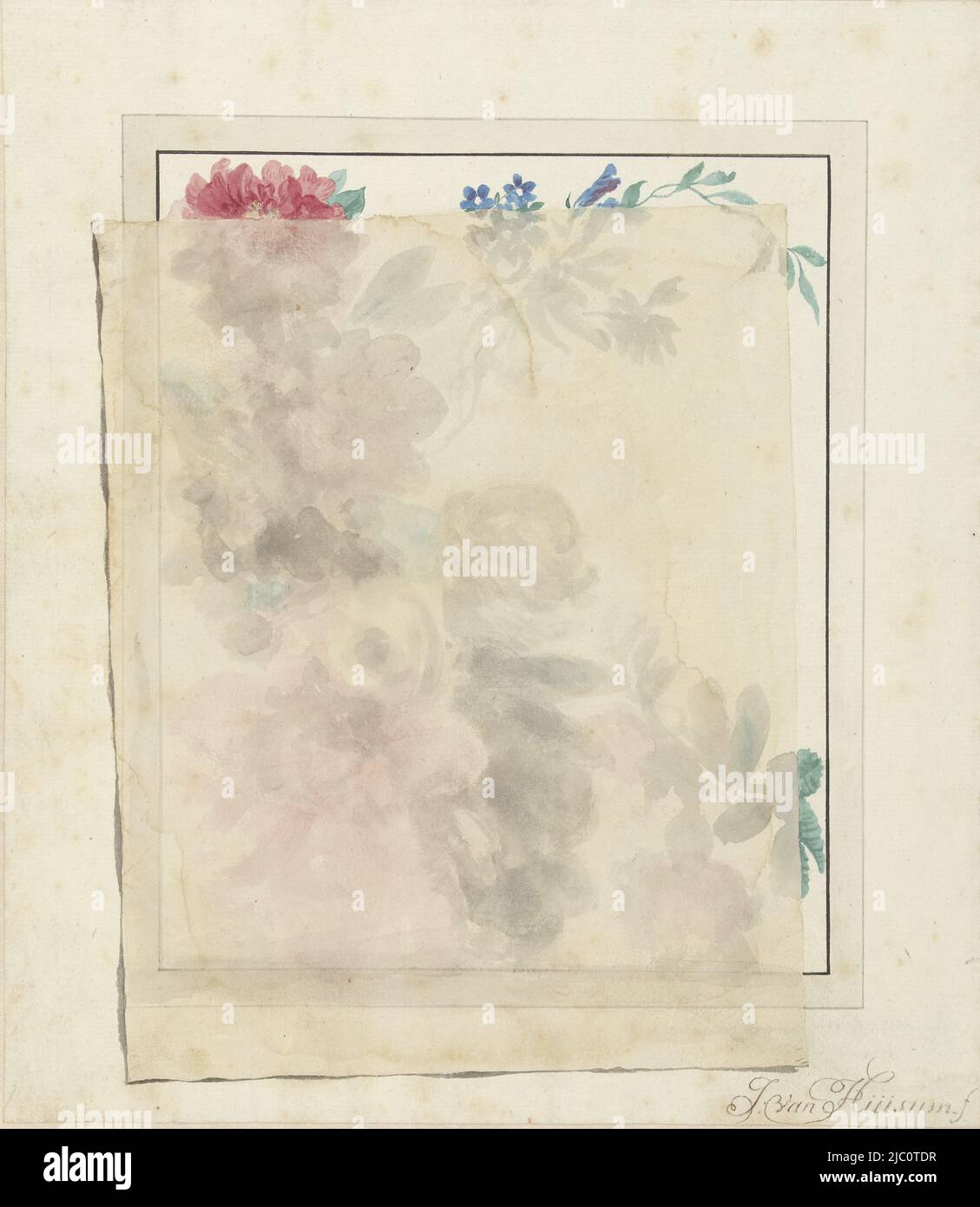Trompe l'oeil de fleur encore vie sous une feuille de papier buvard, dessinateur: Jan van Huysum, (manière de), 1692 - 1749, papier, pinceau, h 314 mm × l 273 mm Banque D'Images