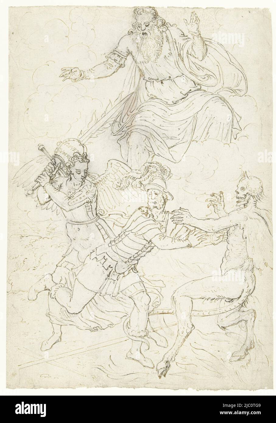 Saint Michel tient une épée flamboyante et le diable peut être vu dans les flammes de l'enfer. Dieu le père apparaît dans les nuages. Design pour une fenêtre en verre, soldat entre Saint-Michel et le diable., dessinateur: Dirck Pietersz. Crabeth, 1550 - 1574, papier, stylo, h 304 mm × l 212 mm Banque D'Images