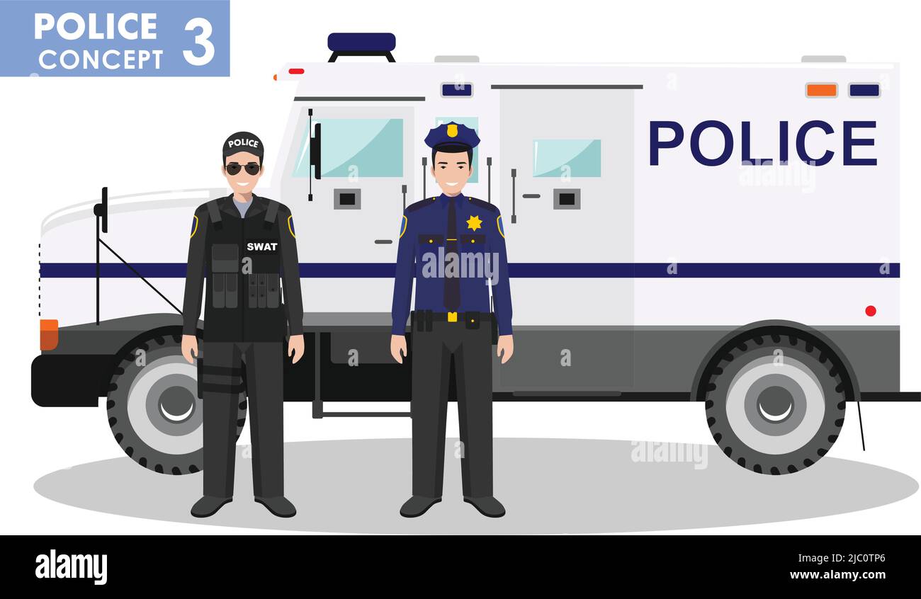 Illustration détaillée d'une voiture de police, d'un agent SWAT et d'un policier de style plat sur fond blanc. Illustration de Vecteur