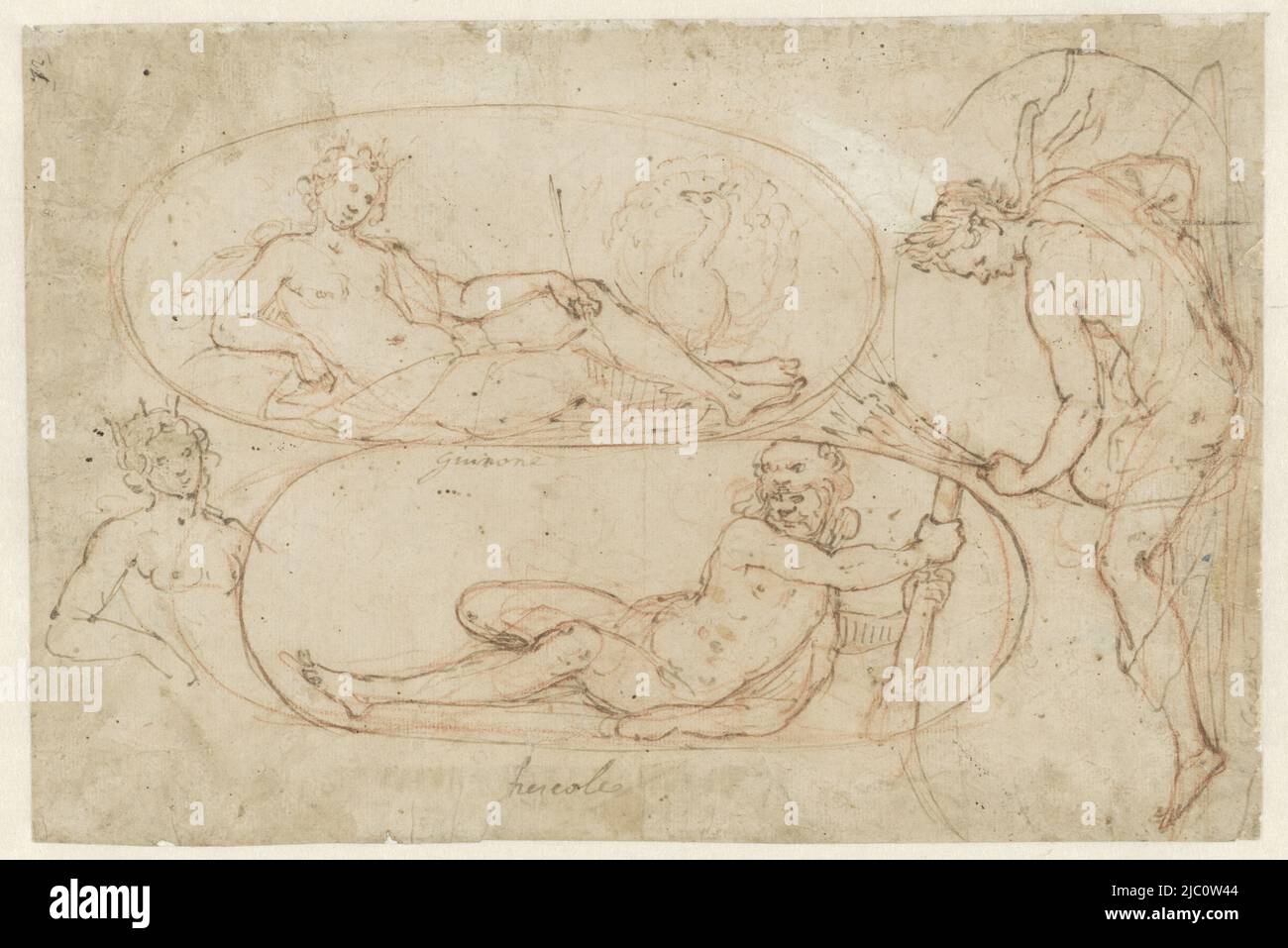 Ellipse avec Juno inclinable, Hercules et ceres, Design pour un plafond, dessinateur: Giovanni Battista Castello, (attribué à), Florence, (éventuellement), c. 1575 - c. 1600, papier, stylo, h 190 mm × l 281 mm Banque D'Images