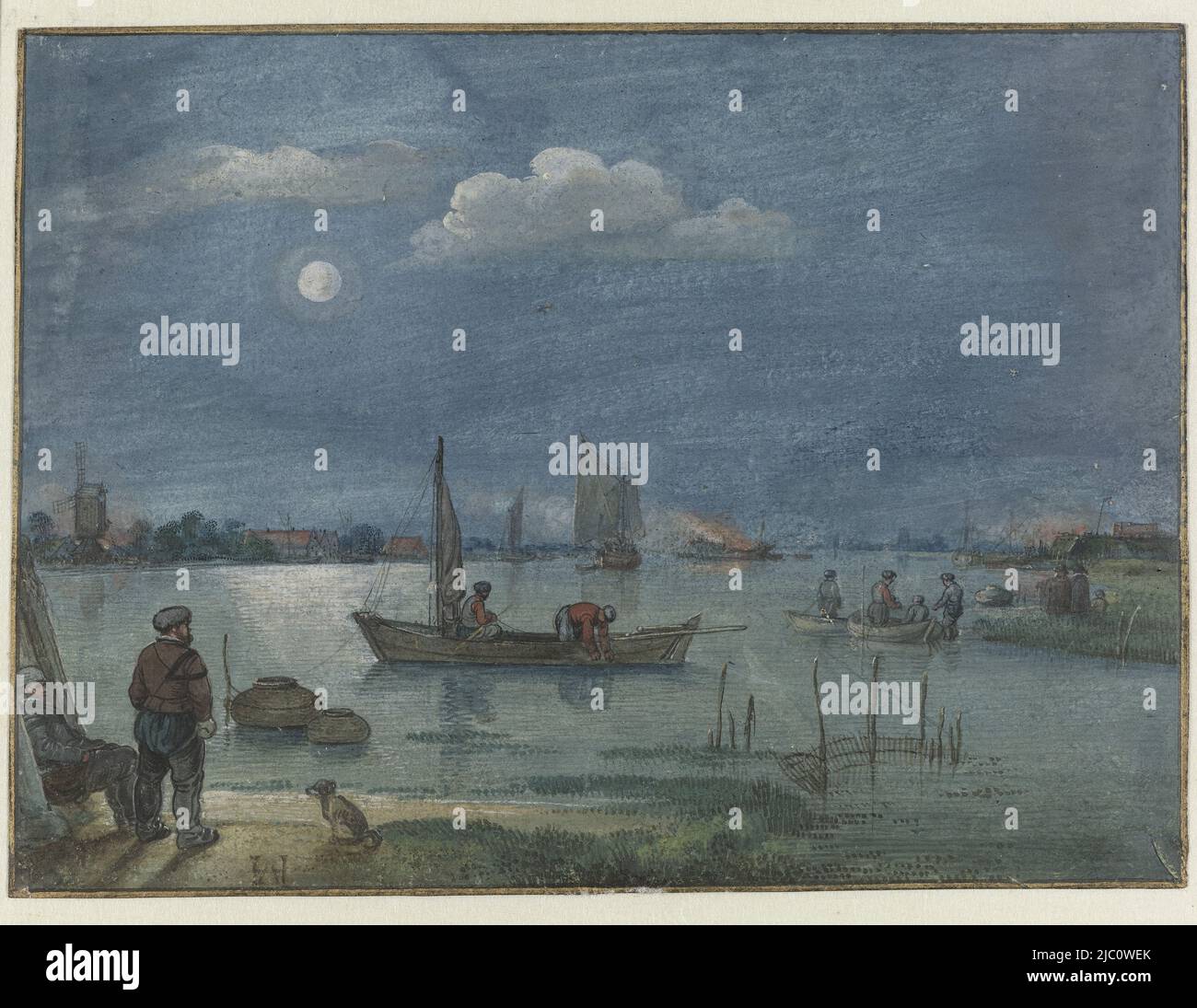 Paysage de la rivière au clair de lune avec les pêcheurs, rapporteur pour avis : Hendrick Avercamp, (mentionné à l'objet), c. 1625, papier, brosse, stylo, h 144 mm × l 195 mm Banque D'Images