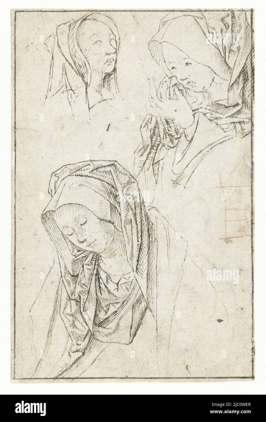 Chefs de trois femmes en deuil, dessinateur: Jacob Cornelisz van Oostsanen, 1480 - 1533, papier, stylo, h 172 mm × l 113 mm Banque D'Images