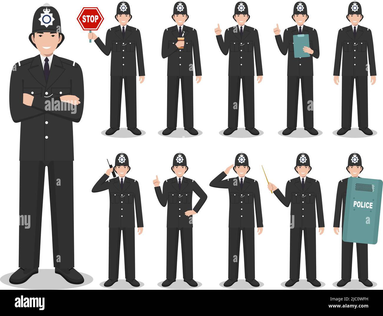 Ensemble de différentes illustrations détaillées de la police de Grande-Bretagne debout dans différentes positions dans le style plat sur fond blanc. Illustration vectorielle Illustration de Vecteur