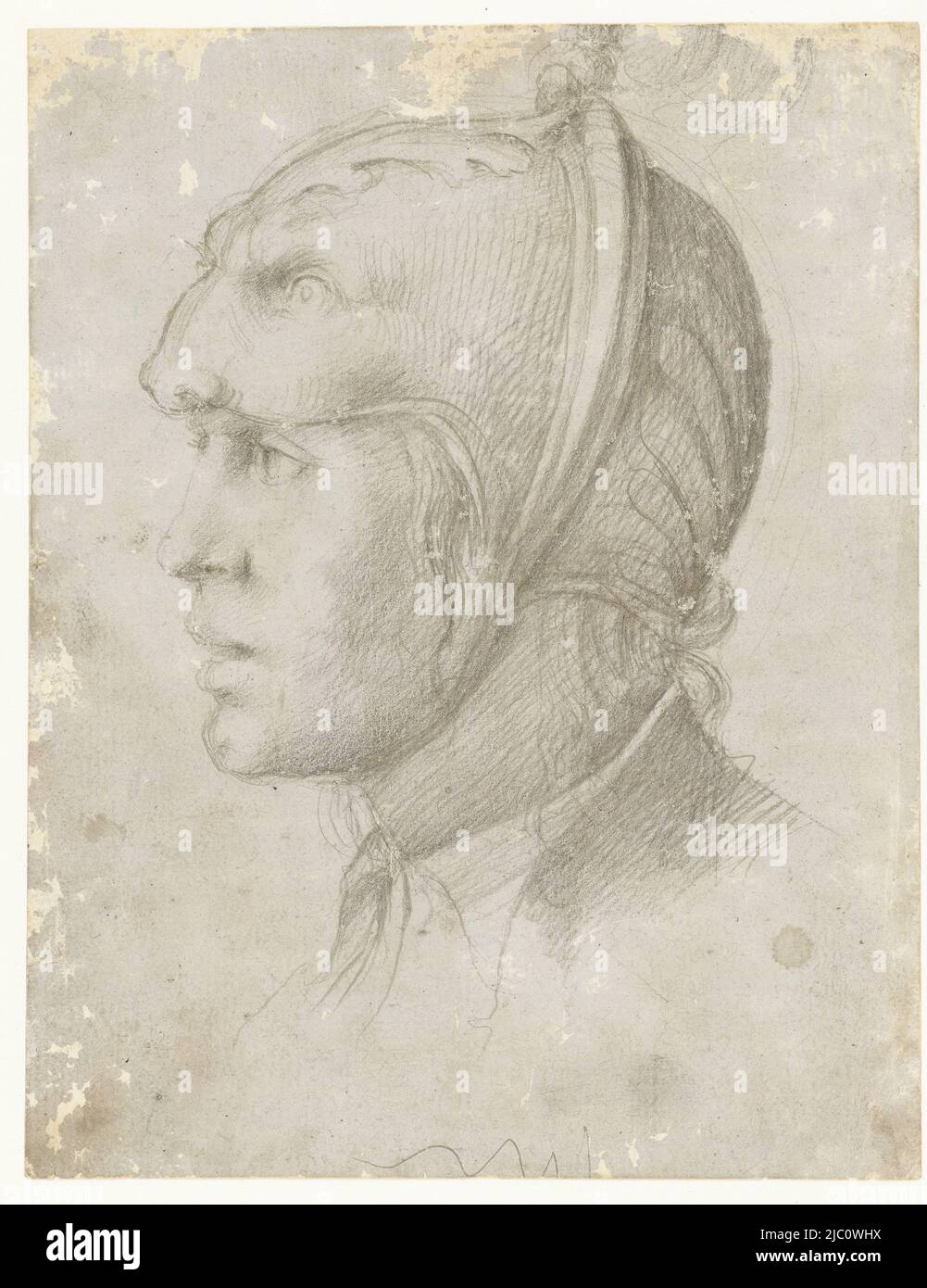 Chef d'un homme avec casque, rapporteur pour avis: Anonyme, pays bas, 1530 - 1540, document préparé, h 156 mm × l 122 mm Banque D'Images