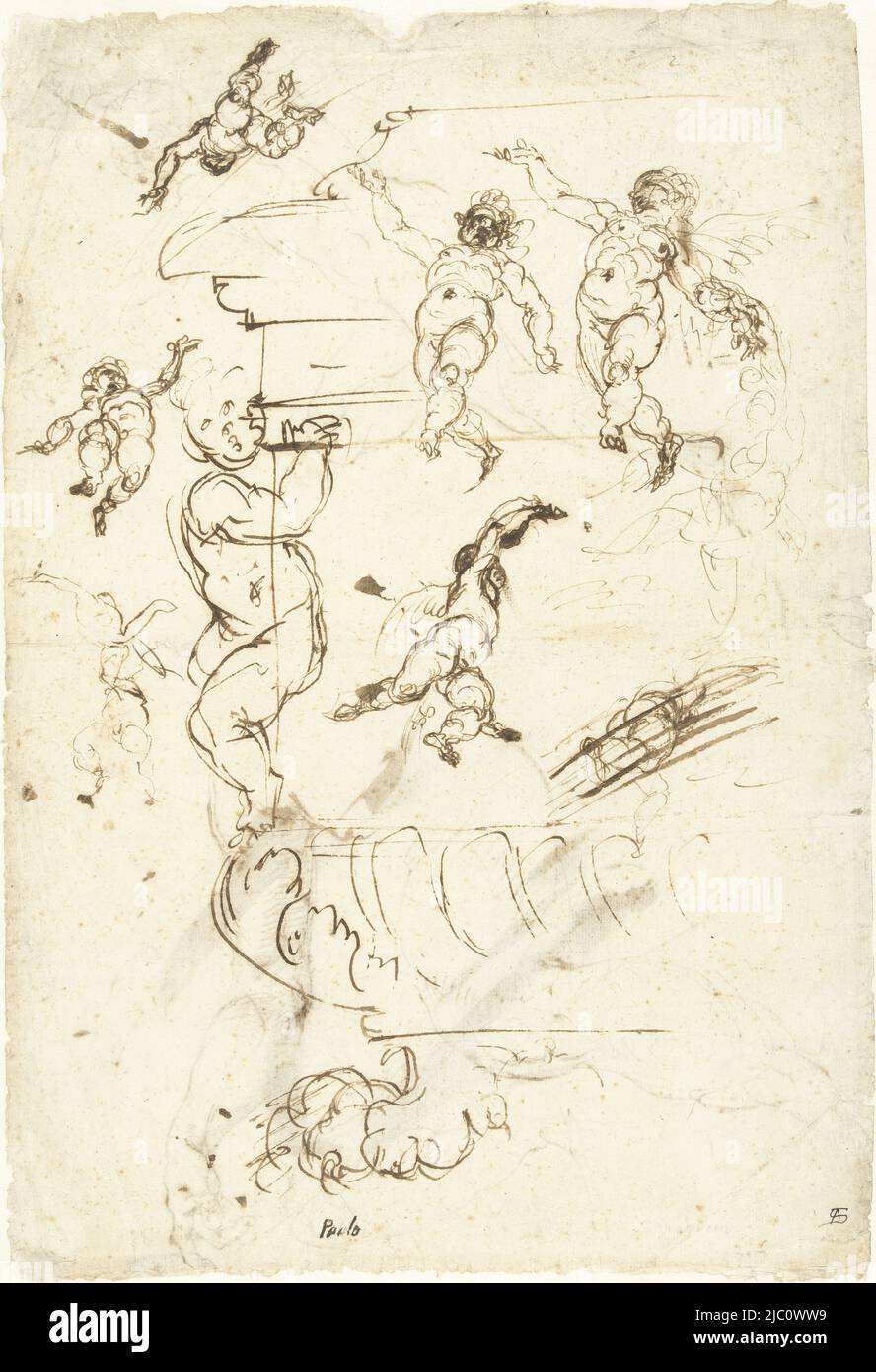 Feuille d'esquisse avec un coin de boîte sur un pied de lion et plusieurs putti, dessinateur: Cherubino Alberti, (attribué à), 1563 - 1615, papier, stylo, h 395 mm × l 275 mm Banque D'Images