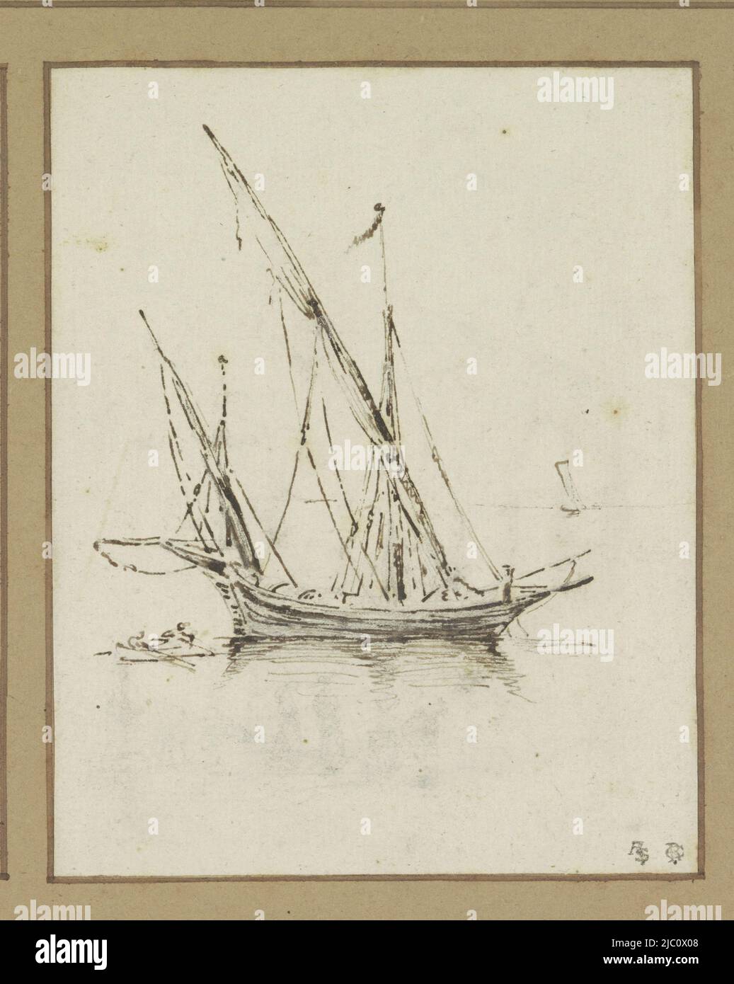 Navire avec deux mâts, dessinateur: Luca Carlevarijs, (éventuellement), 1675 - 1731, papier, stylo, h 146 mm × l 116 mm Banque D'Images