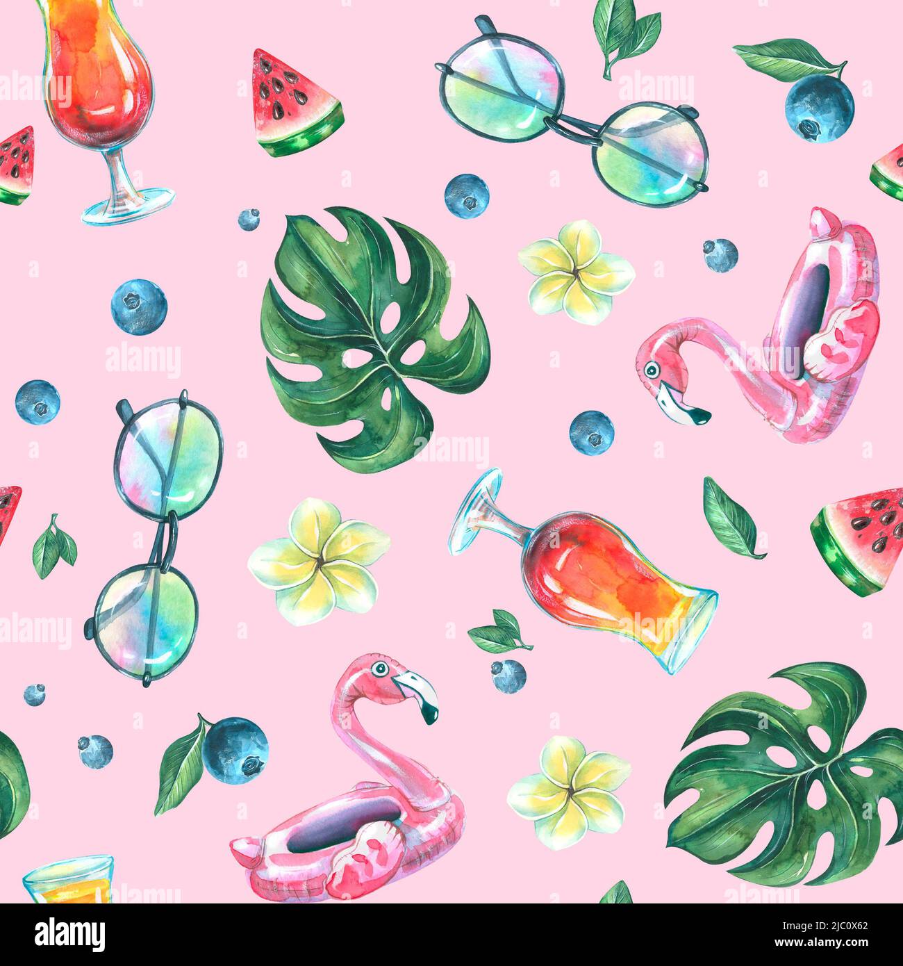 Aquarelle illustration d'un motif sur le thème d'un bar de plage. Ensemble d'éléments : cocktail, myrtille, pastèque, plumeria, lunettes de soleil, gonflable f Banque D'Images