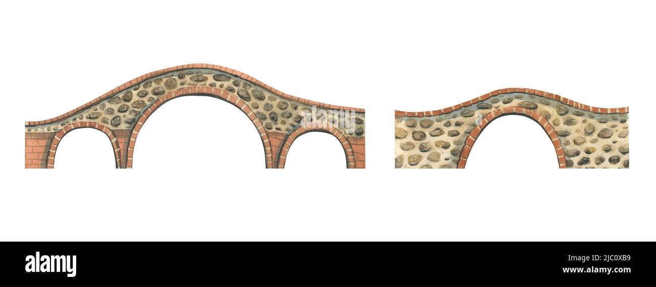 Illustration aquarelle de ponts en pierre dans la vieille ville. Deux anciens ponts en pierre et en brique de style européen. Pour la décoration, le design, p Banque D'Images