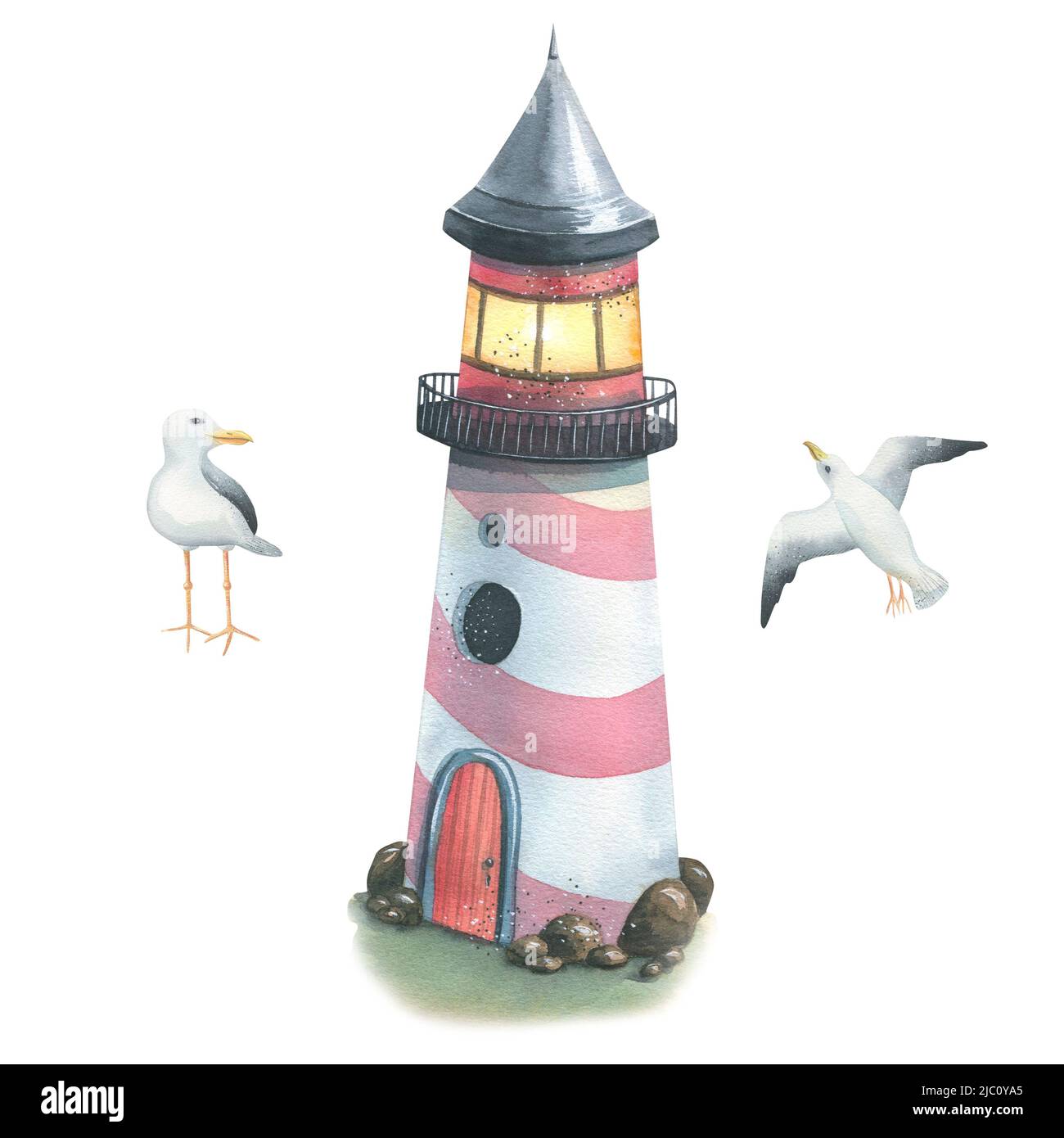 Illustration aquarelle sur le thème de la pêche en mer. Phare, rivage, lumière, mouettes, mer. Enfants, marins, touristiques. Pour les motifs d'impression de conception Banque D'Images