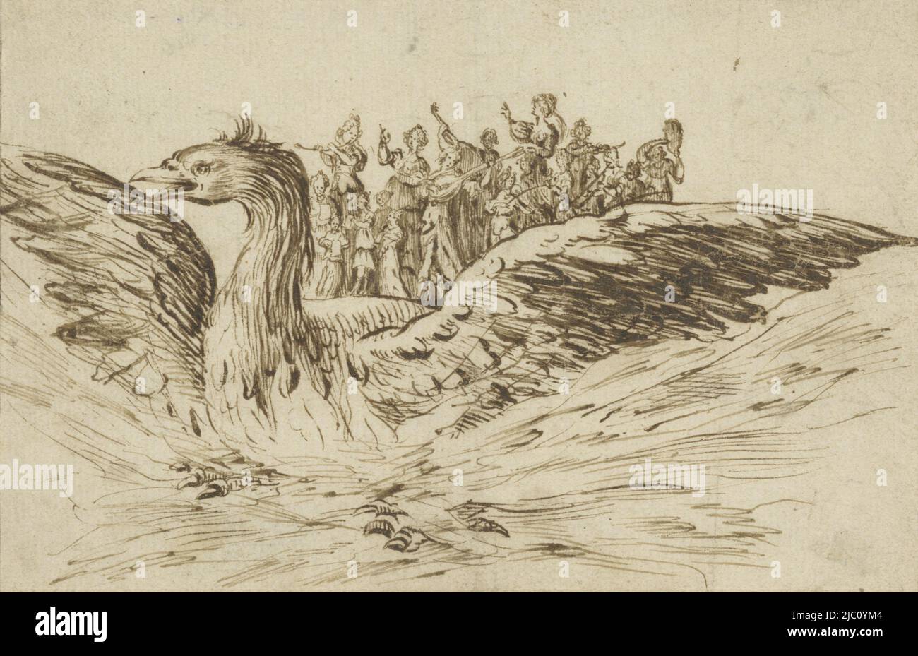 Un flotteur en forme de phoenix, sur lequel joue un groupe de musiciens, musiciens sur le dos d'un gros oiseau., Jacques Callot, dessinateur: Anonyme, 1620 - 1700, papier, stylo, h 90 mm × l 135 mm Banque D'Images