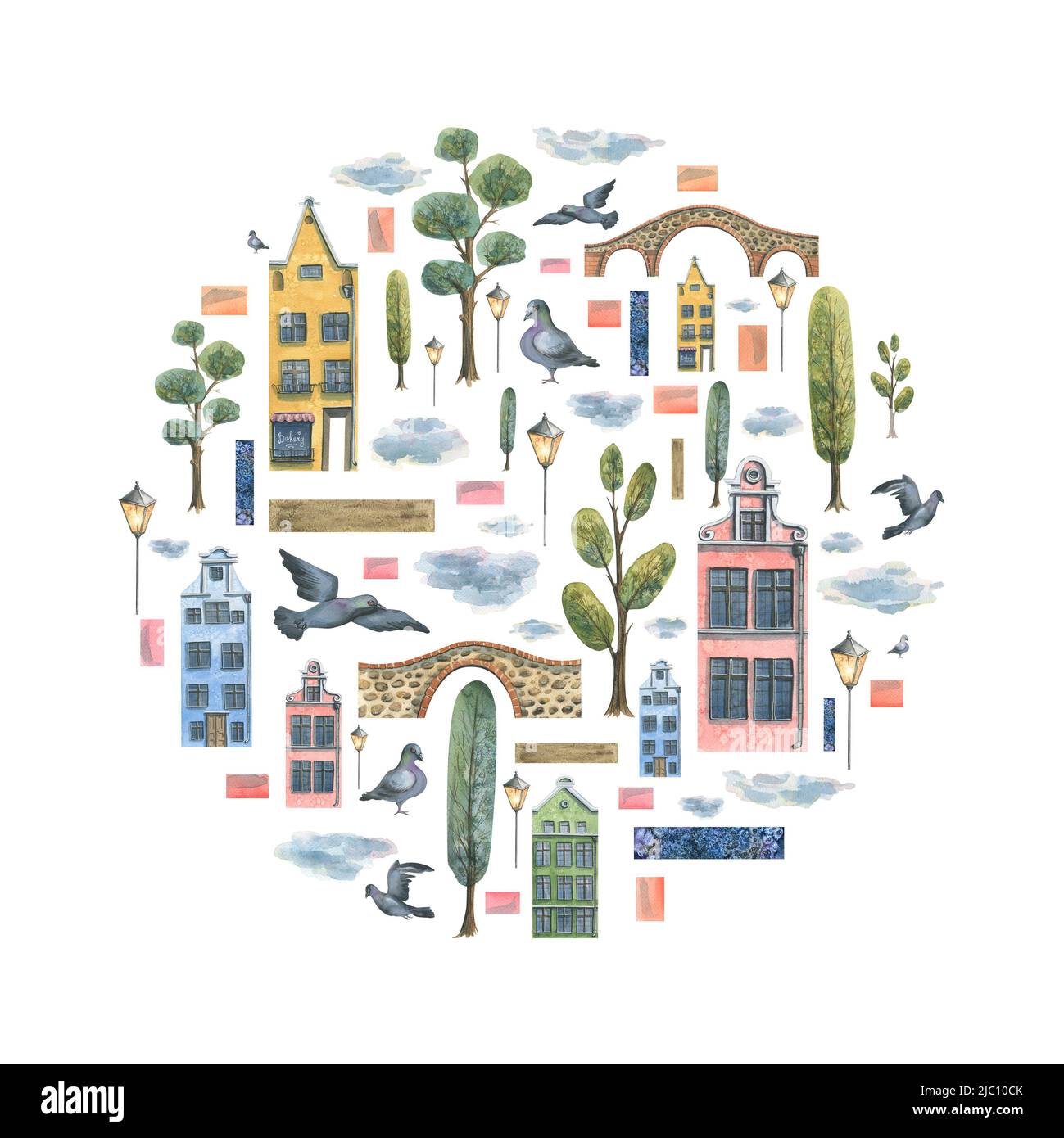 Aquarelle illustration d'une composition de jolies maisons de vieille ville. Banque D'Images