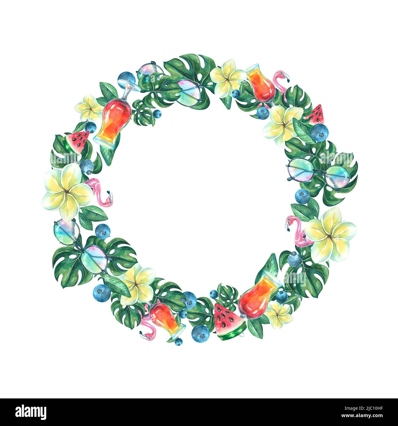 Illustration aquarelle d'une couronne, cadre sur le thème d'un bar de plage. Banque D'Images