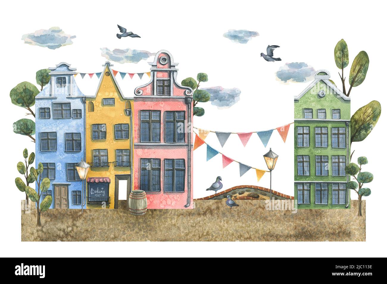 Aquarelle illustration d'une composition de jolies maisons de vieille ville. Banque D'Images