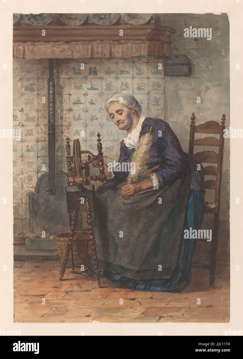 Vieille femme à l'intérieur de la roue tournante, dessinateur: Hendrik Valkenburg, (mentionné sur l'objet), Amsterdam, 1878, papier, brosse, h 503 mm × l 350 mm Banque D'Images