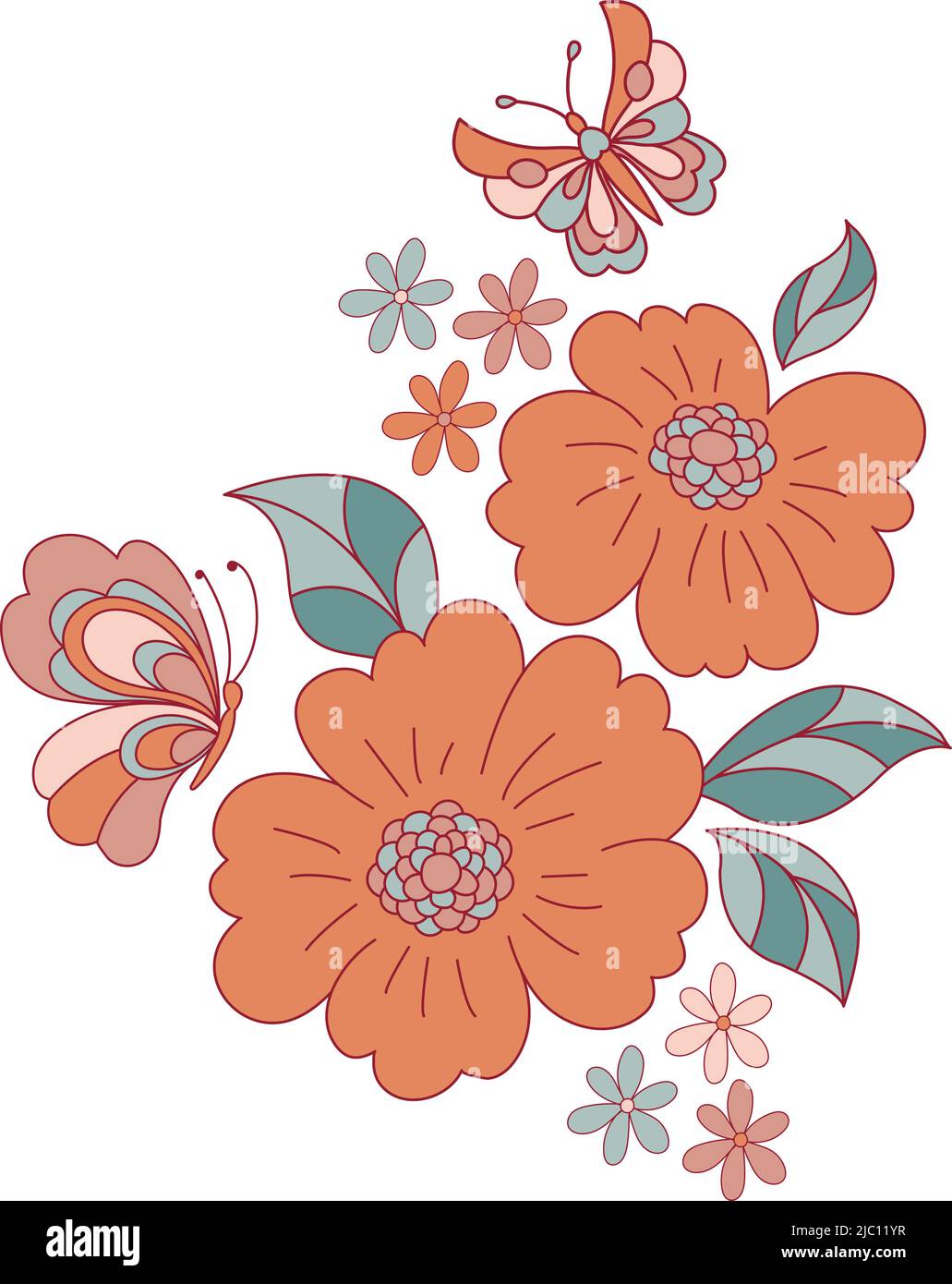 Arrangement de fleurs et de papillons Retro 70s 60s Groovy hippie Fleur Power Vibes illustration vectorielle isolée sur blanc. Boho été rétro couleurs imprimé fleuri. Illustration de Vecteur