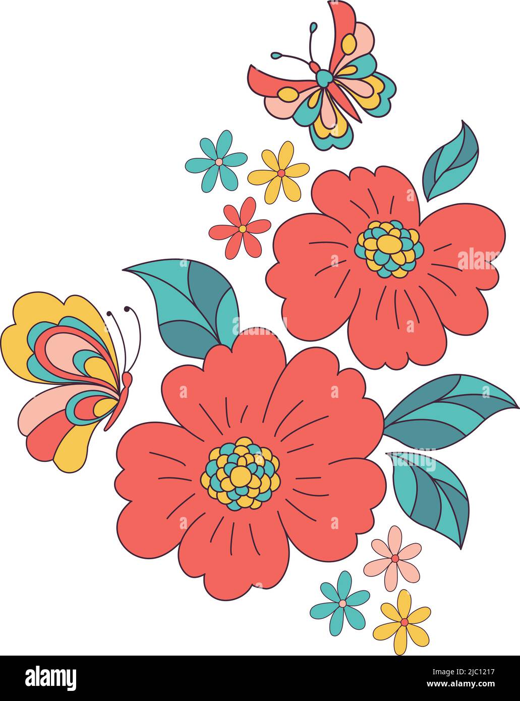 Arrangement de fleurs et de papillons Retro 70s 60s Groovy hippie Fleur Power Vibes illustration vectorielle isolée sur blanc. Imprimé fleuri aux couleurs rétro de l'été. Illustration de Vecteur