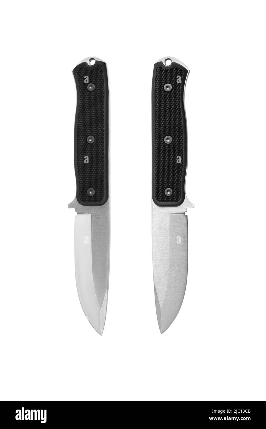 Couteau de chasse moderne avec lame argentée et poignée en caoutchouc.Bras en acier.Isoler sur un fond blanc. Banque D'Images Couteau de chasse moderne avec lame argentée et poignée en caoutchouc.Bras en acier.Isoler sur un fond blanc. Banque D'Images