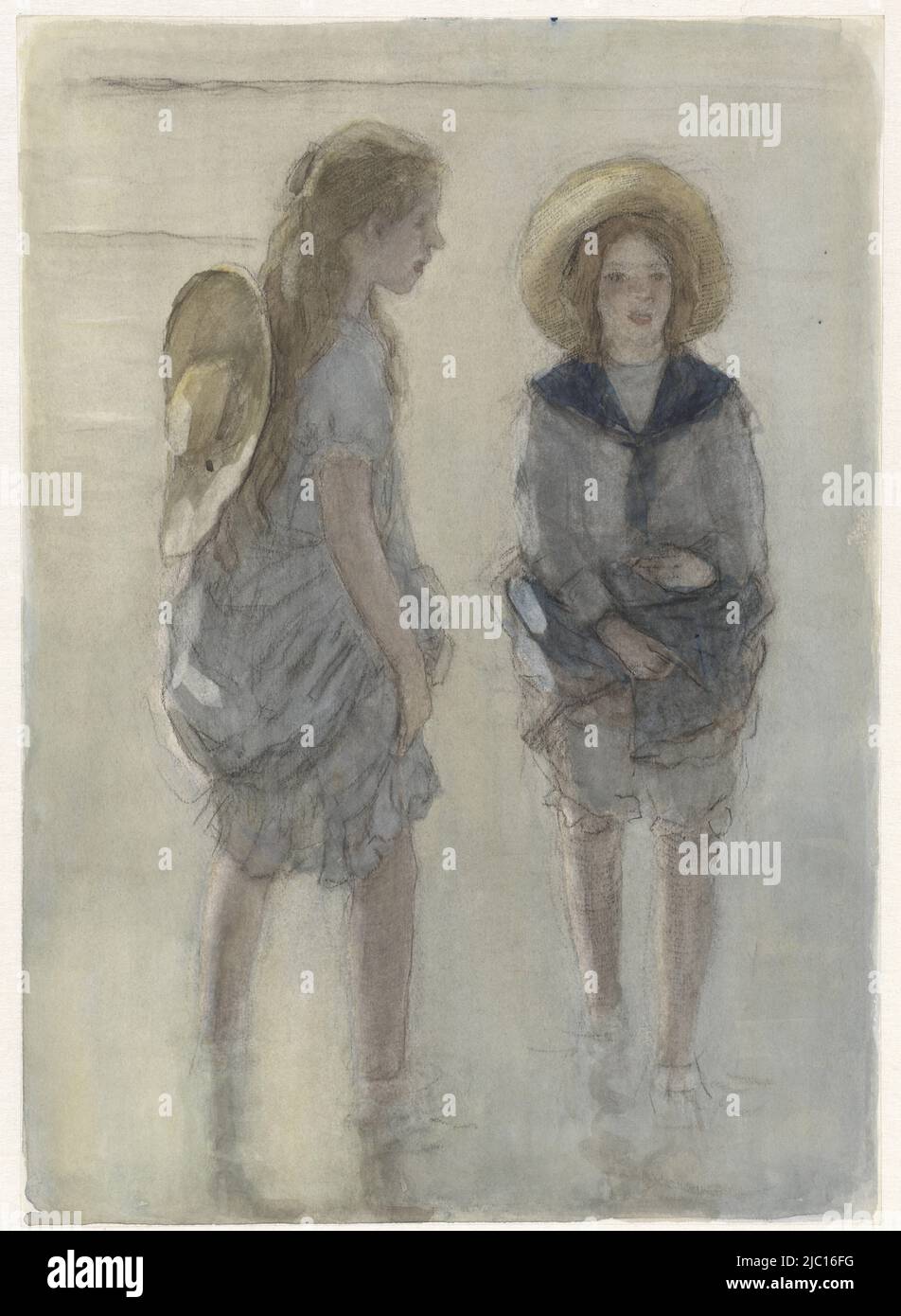 Deux filles pagayeuses avec de grands chapeaux de paille, dessinateur: Johan Antonie de Jonge, 1874 - 1927, papier, pinceau, h 352 mm × l 251 mm Banque D'Images