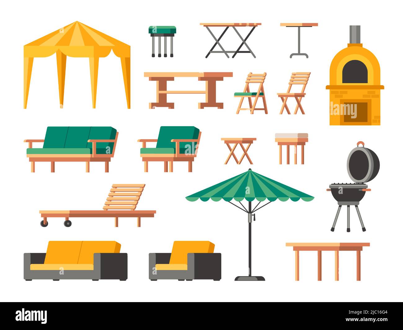 Mobilier de jardin. Chaise de jardin en bois de dessin animé, table et canapé, salon icônes de la terrasse extérieure, parasol et barbecue. Ensemble vectoriel isolé Illustration de Vecteur