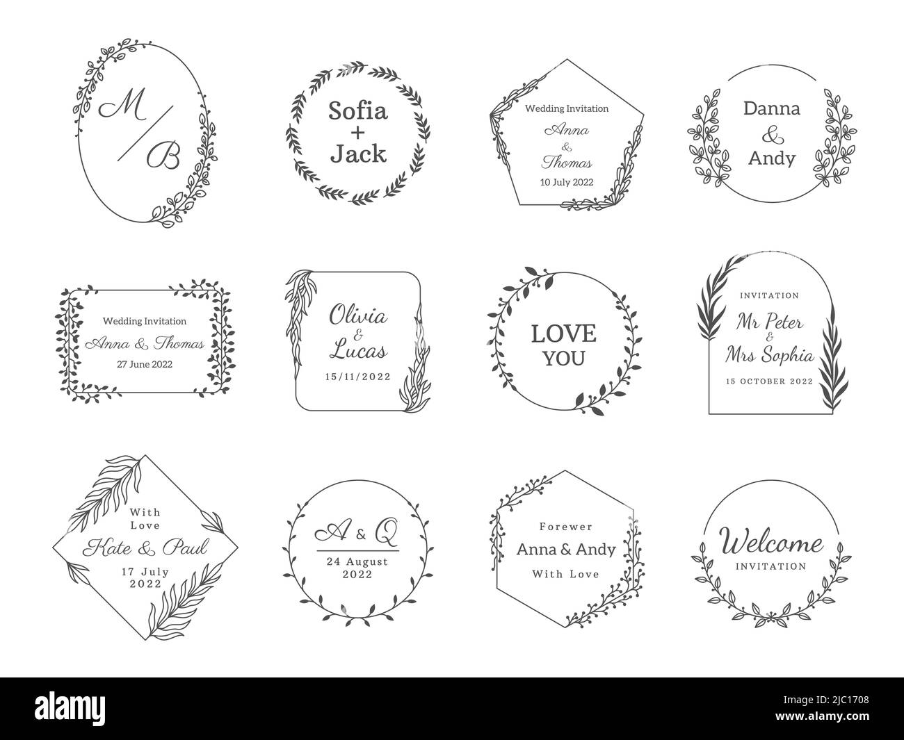 Logo du cadre de mariage. Monogramme avec bordure fleurie et éléments décoratifs minimalistes élégants pour une carte d'invitation à un mariage. Ensemble d'emblèmes vectoriels modernes Illustration de Vecteur