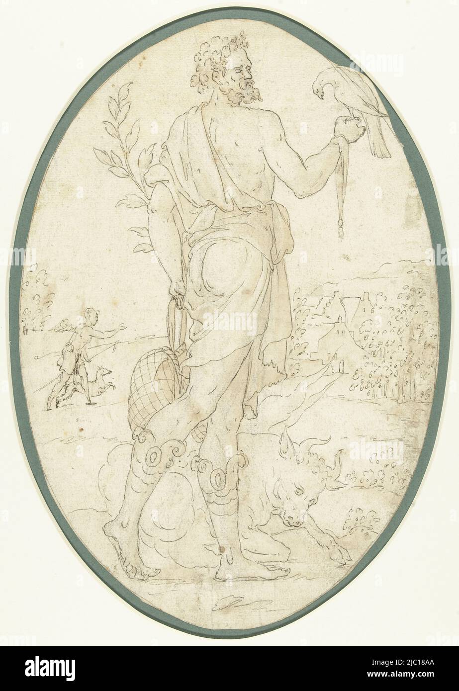 Personnification du mois avril: homme debout avec falcon à la main, un taureau couché à ses pieds, avril personnification des mois (titre de la série), rapporteur pour avis: Anonyme, 1550 - 1600, papier, stylo, brosse, h 294 mm × l 202 mm Banque D'Images