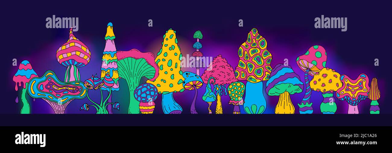 Arrière-plan trippy champignon. Papier peint magique psychédélique acide avec plantes de forêt de fées colorées, concept de transe de fée psilocybine. Illustration vectorielle Illustration de Vecteur