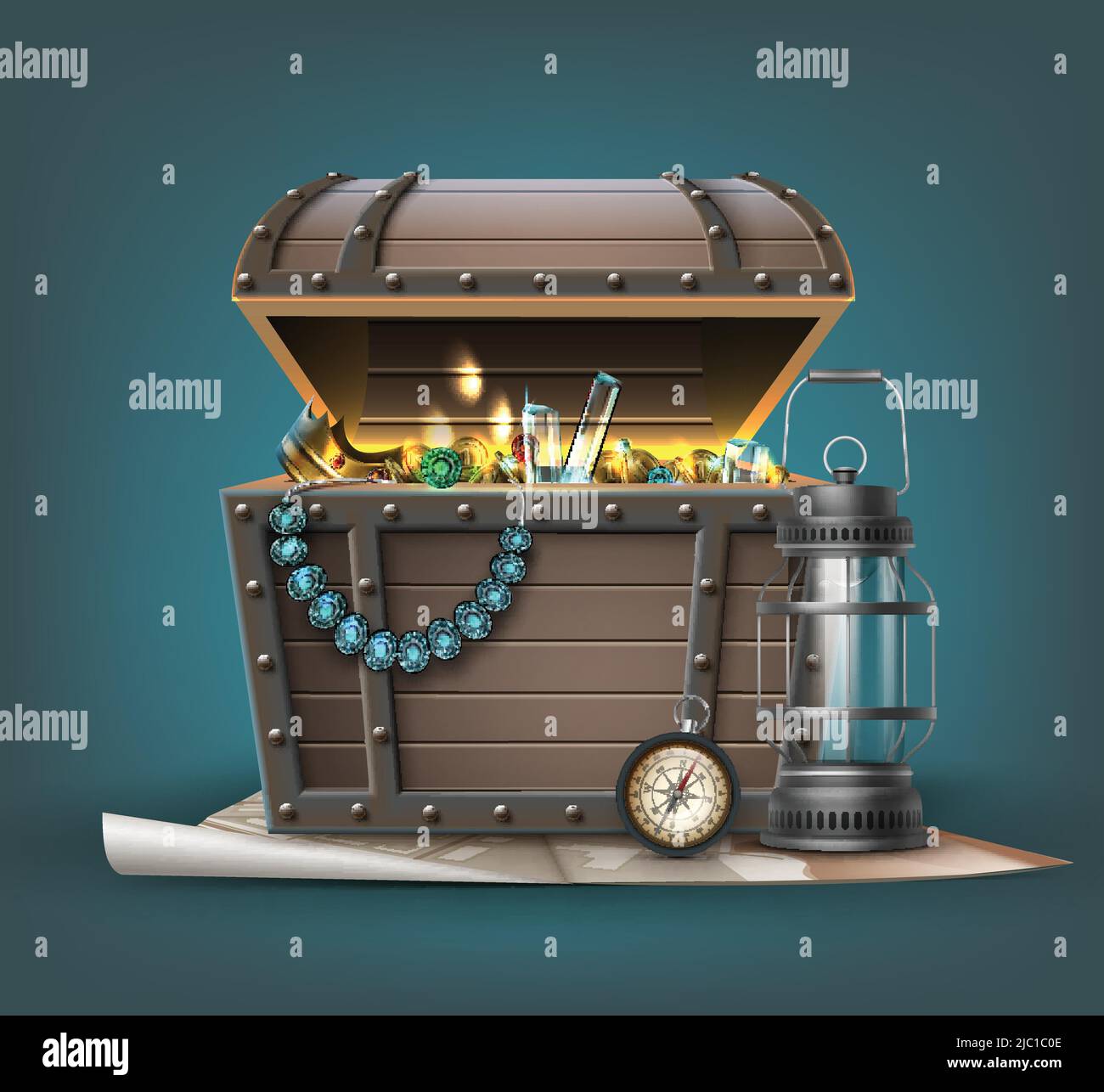 Coffre en bois vectoriel avec bijoux, pièces de monnaie, pierres précieuses et attributs de voyageur isolés sur fond Illustration de Vecteur