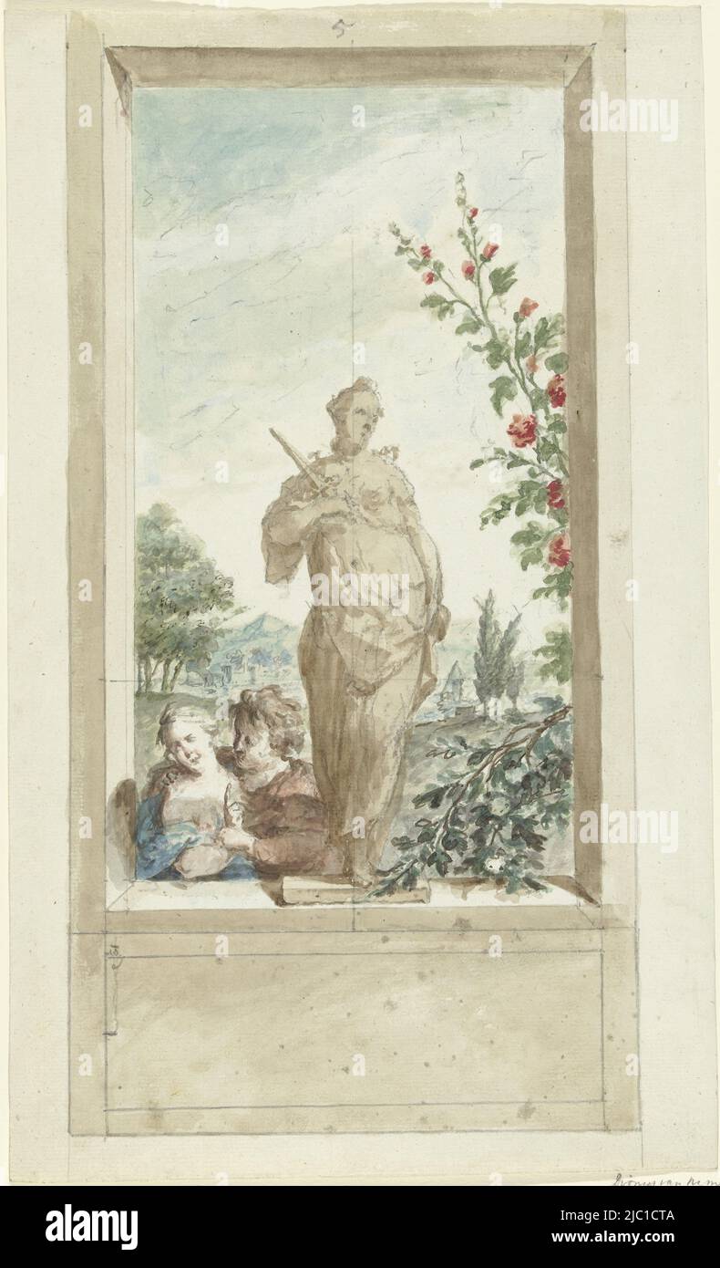 Design pour une peinture, Design pour une pièce de salle: Statue de sens sens, à côté d'elle un couple d'amour, dessinateur: Dionys van Nijmegen, 1715 - 1798, papier, pinceau, stylo, h 388 mm × l 235 mm Banque D'Images