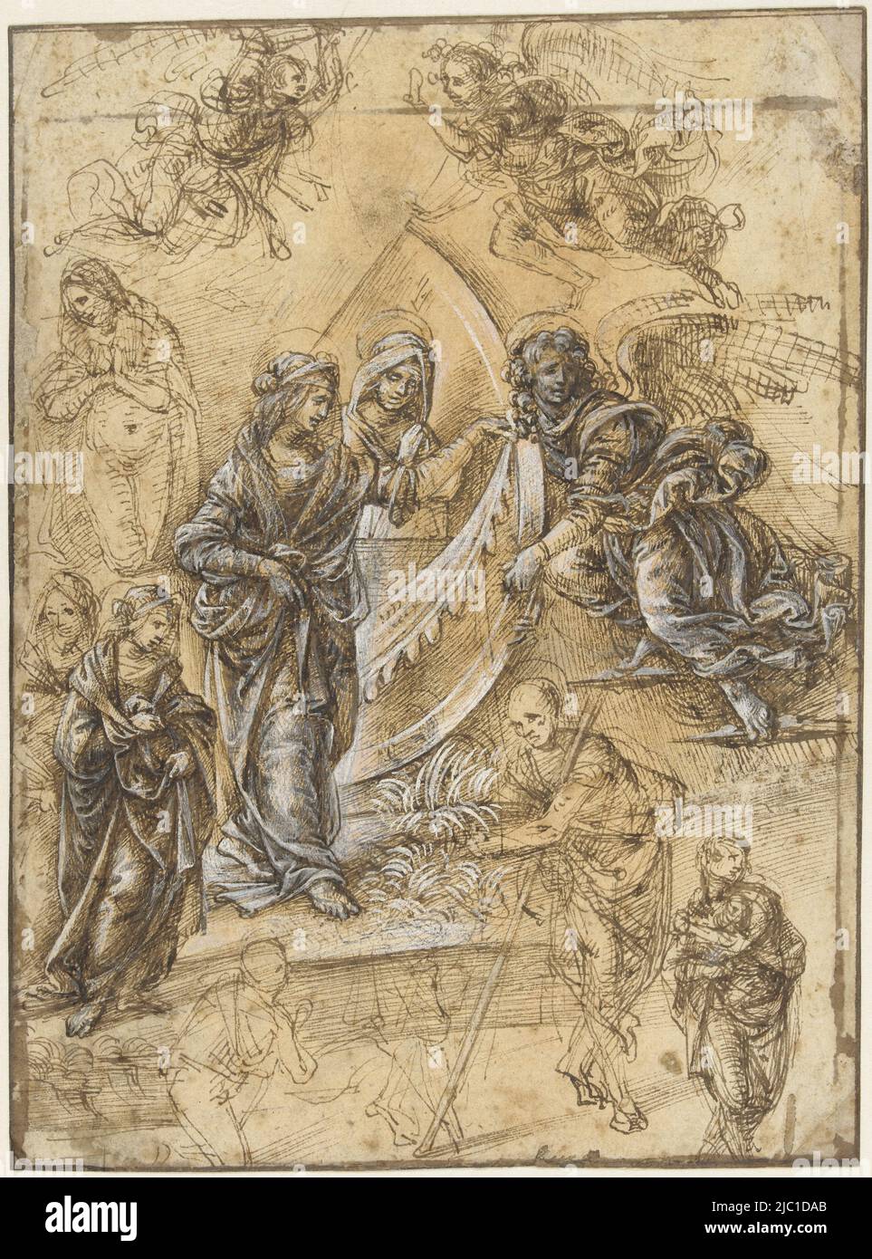 Feuille d'étude avec la Vierge, les femmes saintes, les anges et les figures de l'adoration des Mages, feuille d'étude avec la Vierge Marie, les Saints, les anges et les figures de l'adoration des Mages, dessinateur: Piero di Cosimo, (attribué à), 1472 - 1521, papier préparé, stylo, brosse, h 245 mm × l 181 mm Banque D'Images
