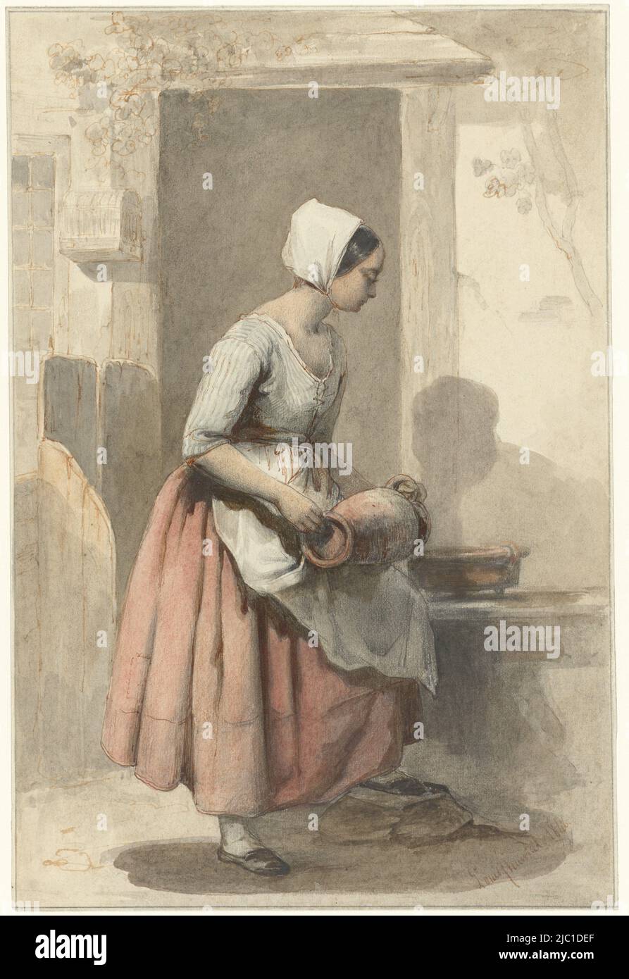 Fille avec une carafe à l'entrée d'une maison, dessinateur: Louis Chantal, 1846, papier, pinceau, stylo, h 236 mm × l 159 mm Banque D'Images