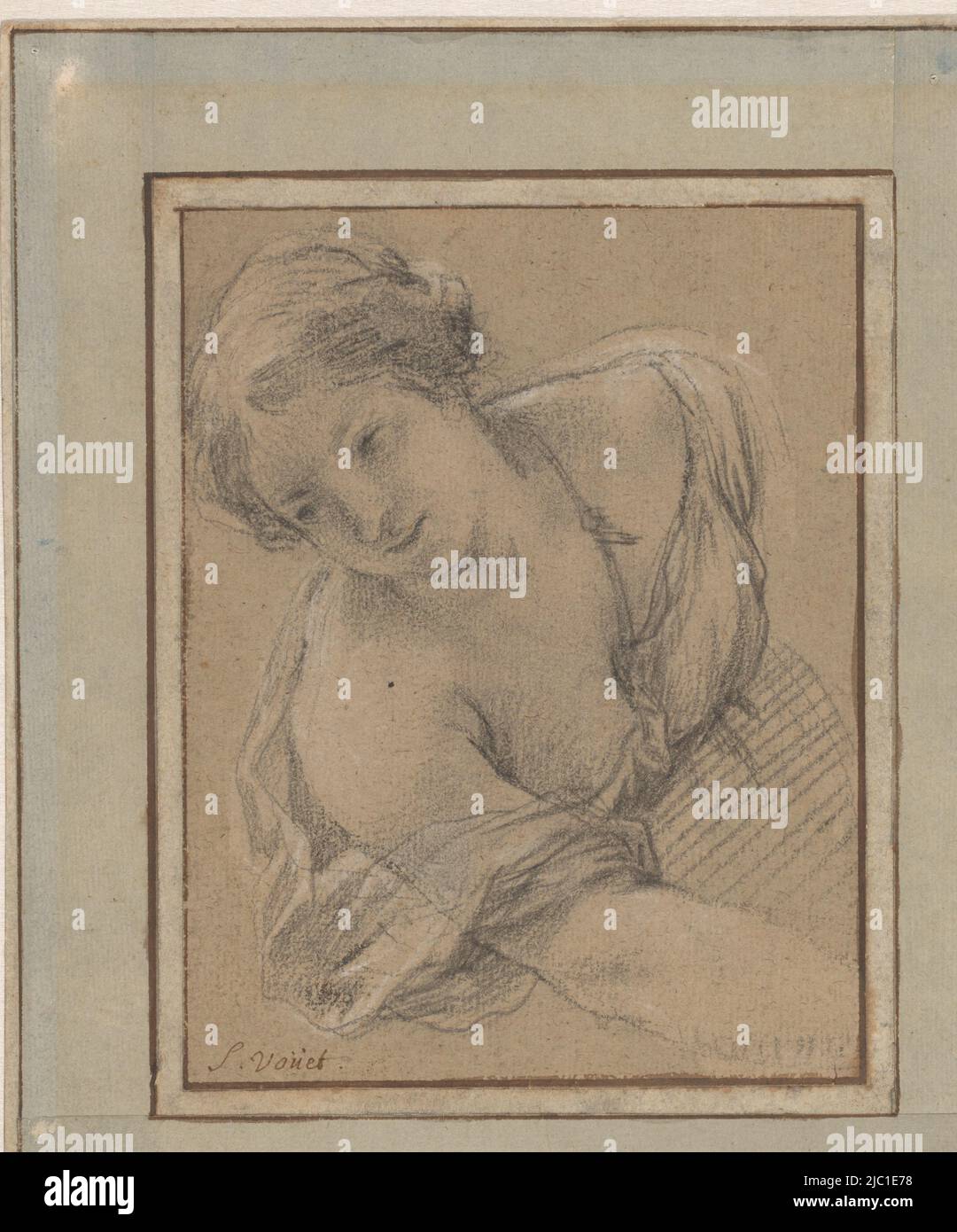 Etude d'une jeune femme inclinée, placée en diagonale dans l'avion, Etude d'une jeune femme fléchissant, dessinateur: Simon Vouet, 1600 - 1659, papier, h 172 mm × l 133 mm Banque D'Images