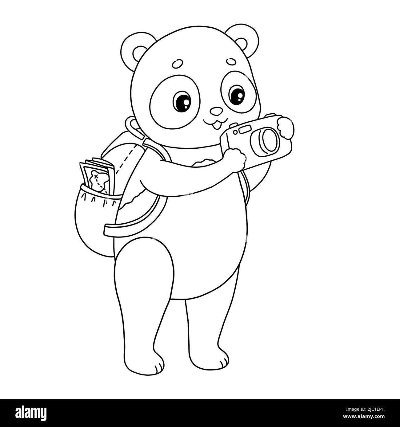 Panda d'été avec sac à dos pour appareil photo page de coloriage Banque D'Images