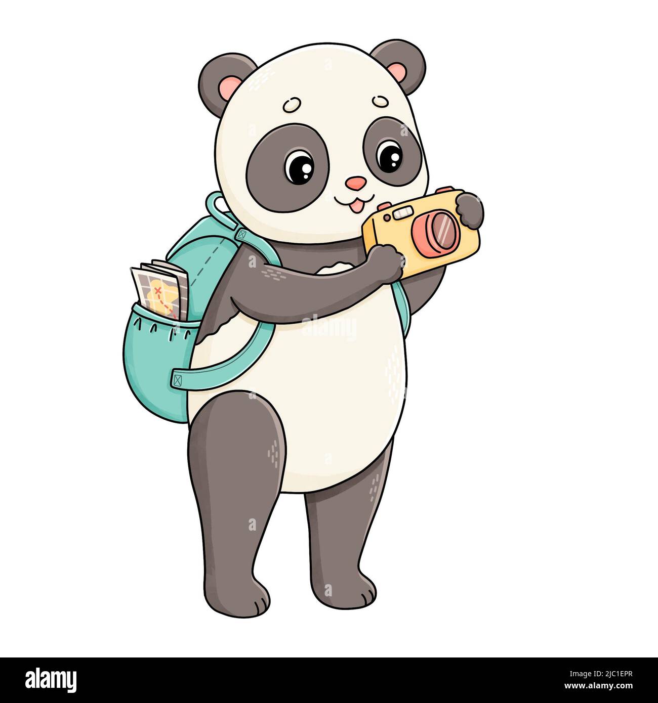 Panda d'été avec appareil photo et carte sac à dos Banque D'Images