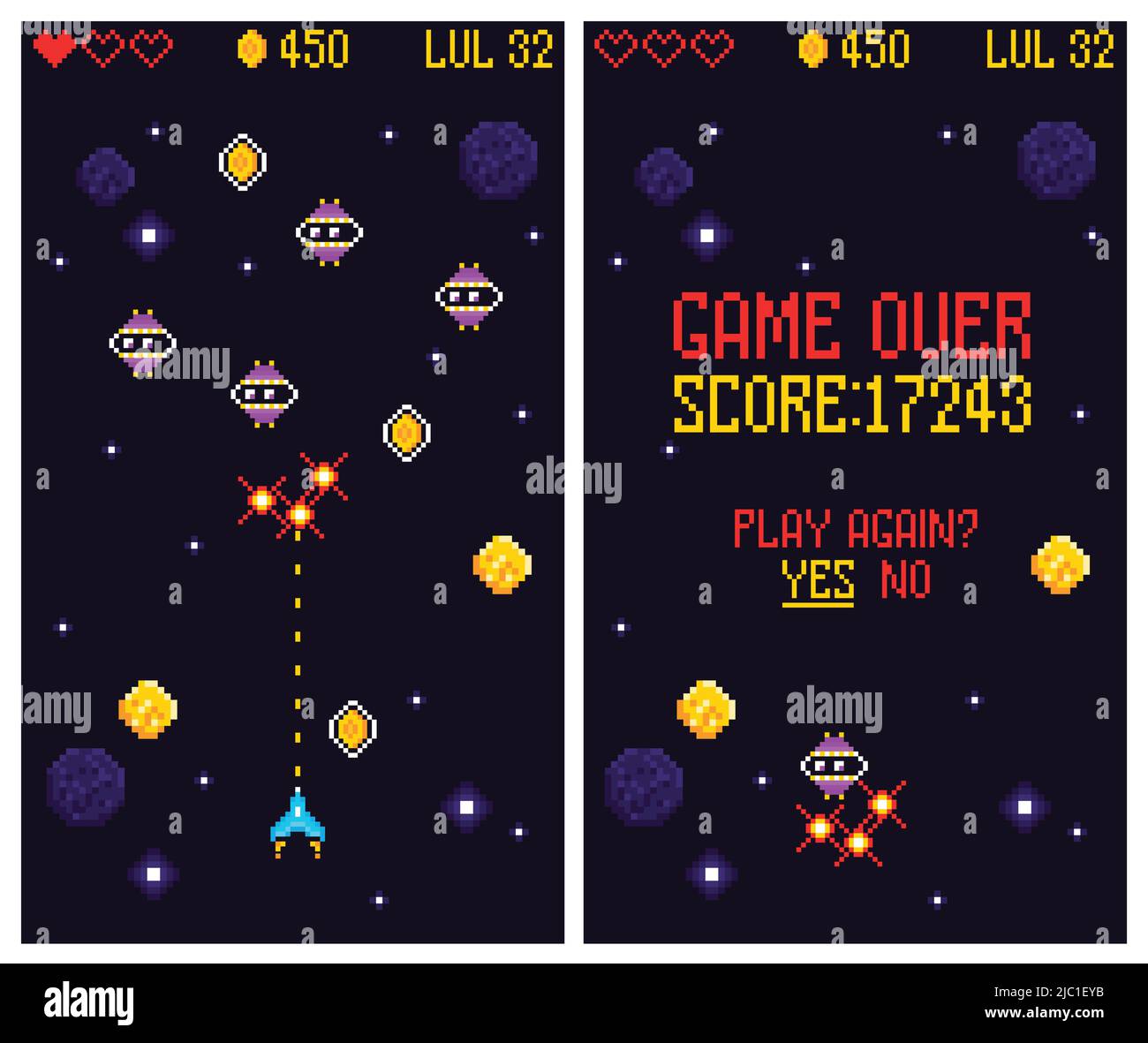 Jeu d'arcade jeu d'ordinateur ensemble de bannières verticales avec écran de menu de jeu rétro espace combat jeu illustration vectorielle Illustration de Vecteur