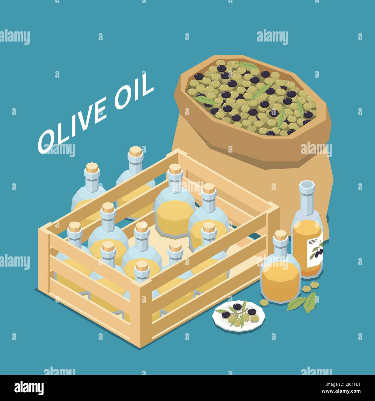 Production d'olives composition isométrique avec poche d'olives en sac et bouteilles en verre d'huile en boîte illustration vectorielle Illustration de Vecteur