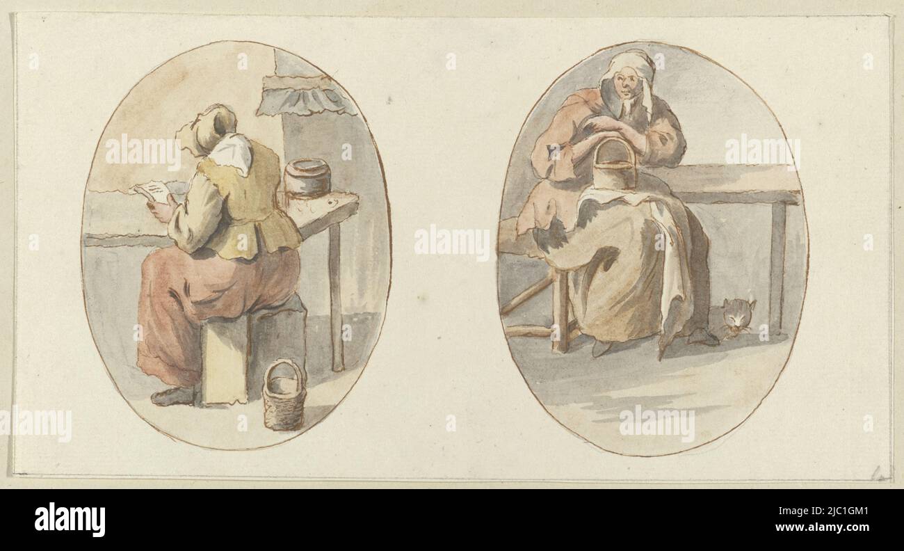 En deux ovales debout, chacun a dessin. Dans l'ovale gauche une liseuse assise. Dans l'ovale de droite, une femme assise avec un chat à ses pieds, une femme assise avec une lettre et une femme assise avec un chat., rapporteur pour avis: Anonyme, pays-Bas, c. 1700 - c. 1799, papier, stylo, pinceau, h 119 mm × l 224 mm Banque D'Images