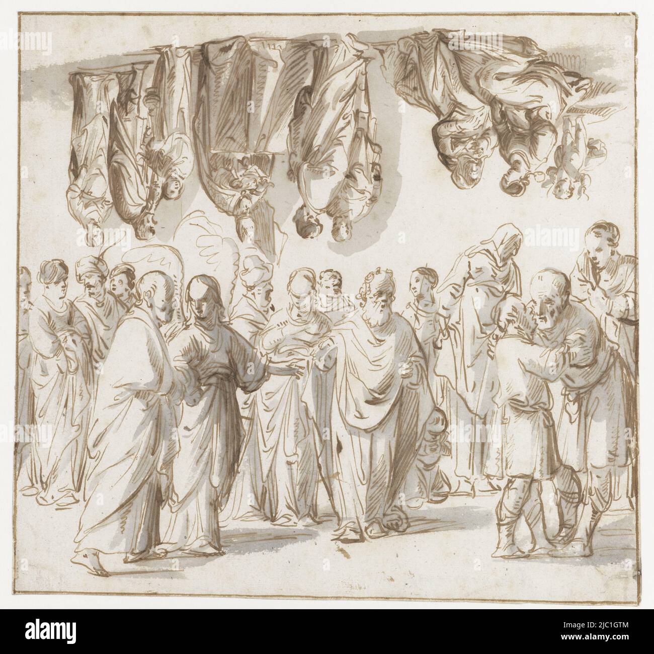 Fiche d'étude avec divers chiffres, rapporteur pour avis: Pieter Jansz., 1630 - 1672, papier, stylo, brosse, h 200 mm × l 211 mm Banque D'Images