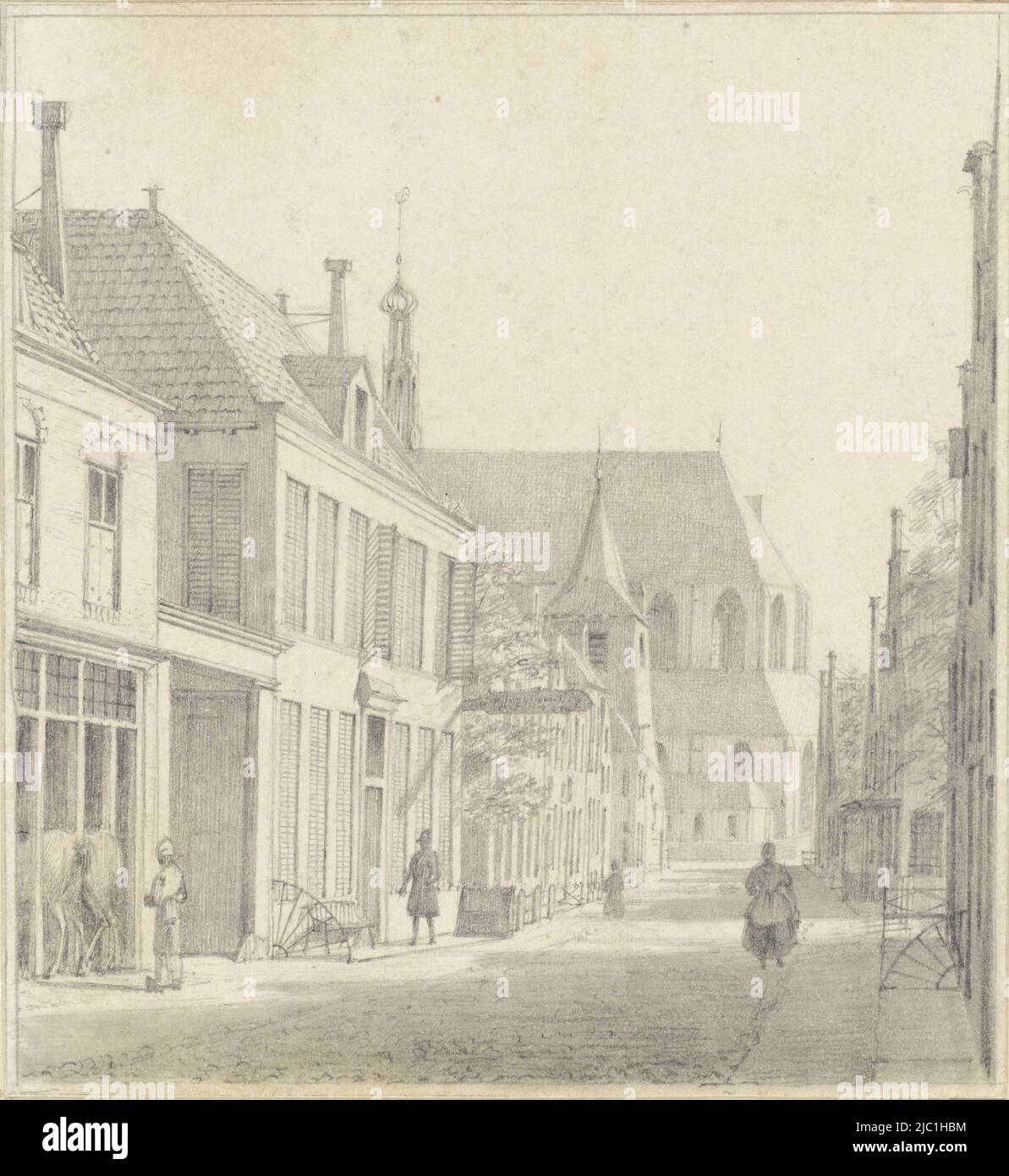 Rue à Alkmaar avec la Grande Église en vue, dessinateur: Hendrik Abraham Klinkhamer, 4-août-1839, papier, h 108 mm × l 99 mm Banque D'Images