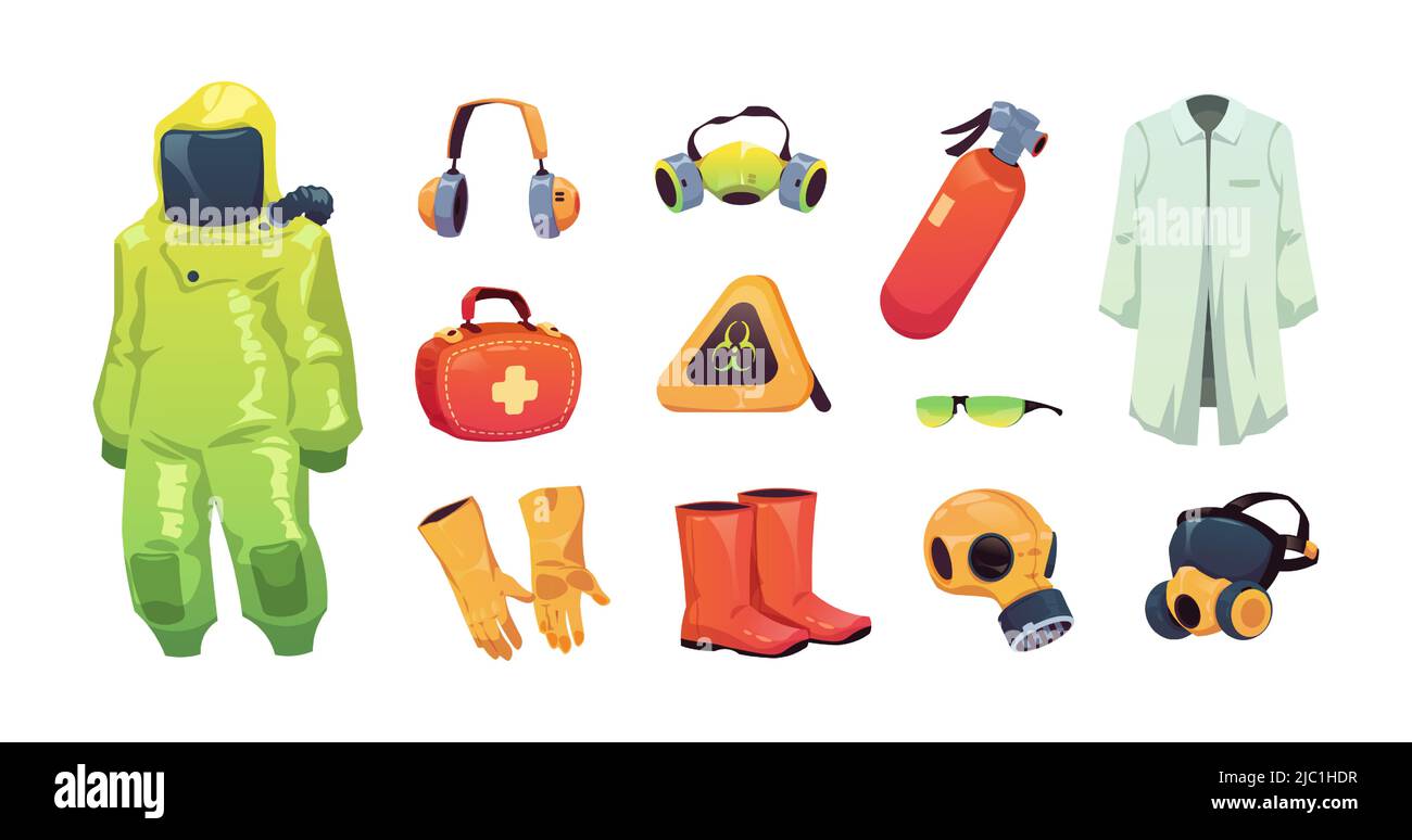Équipement de protection. Sécurité travail et sécurité personnelle outils et vêtements, scientifiques et protection chimique médicale. Masque et gants uniformes Vector Illustration de Vecteur