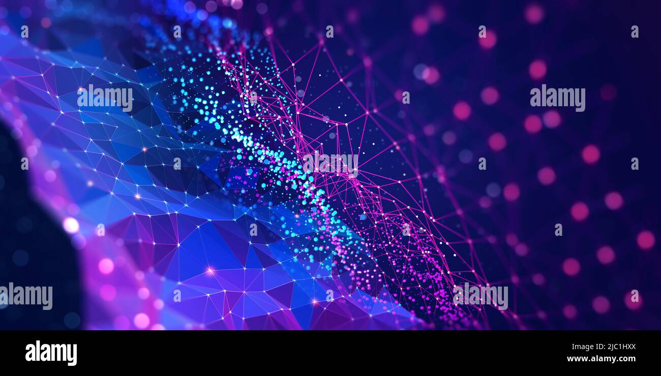 Illustration du réseau neuronal 3D. Big Data et cybersécurité. Base de données mondiale et intelligence artificielle. Arrière-plan lumineux et coloré avec effet bokeh Banque D'Images