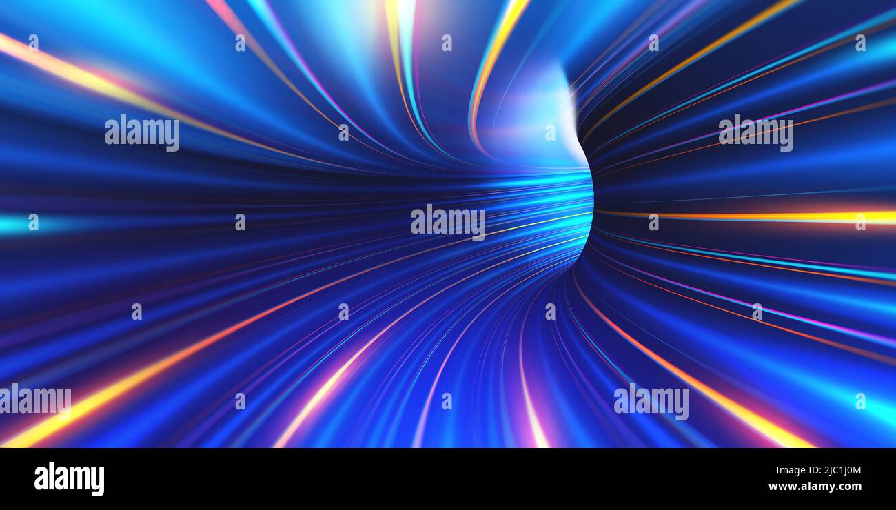 Collider à l'intérieur. Saturn sonne. Des photons abstraits dans un tunnel du cyberespace. Vitesse de la lumière et du vol interstellaire. 3D illustration des chaînes de néon Banque D'Images