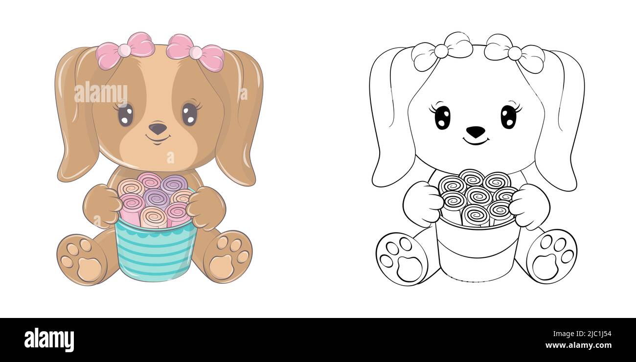 Illustration du chien Cute Clipart et pour coloriage page. Dessin animé clip Art chien avec roulé glace.Vector Illustration d'un animal pour autocollants, bébé Illustration de Vecteur