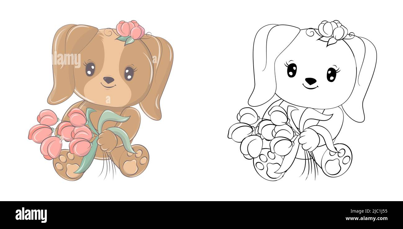 Cute Dog Clipart pour coloriage page et illustration. Happy clip Art Dog avec un bouquet de tulipes. Illustration vectorielle d'un animal pour les autocollants Illustration de Vecteur