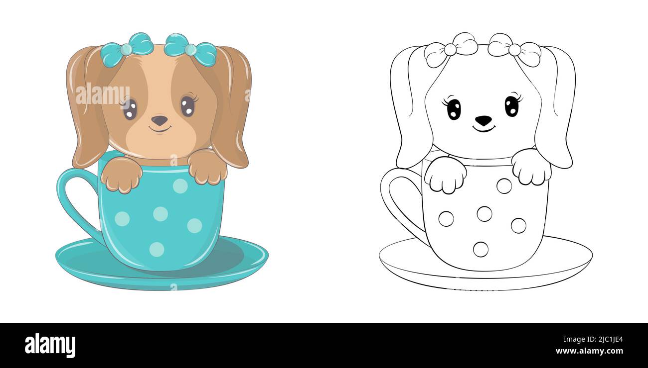 Chien clipart multicolore et noir et blanc. Joli clip Art chien dans une tasse.Vector Illustration d'un animal pour autocollants, douche de bébé, coloriage pages Illustration de Vecteur