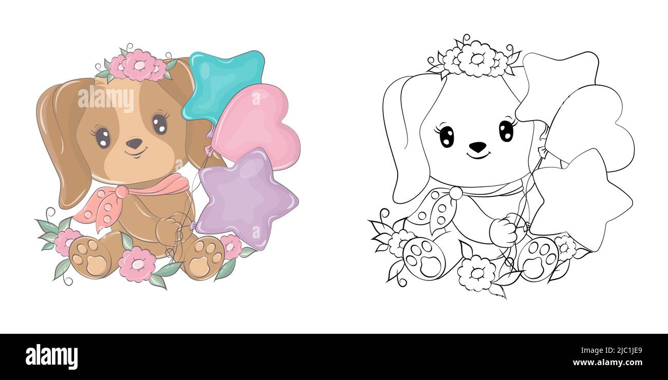 Chien Clipart multicolore et noir et blanc. Magnifique chiot clip Art avec des ballons et des fleurs.Vector Illustration d'un animal pour des imprimés Illustration de Vecteur