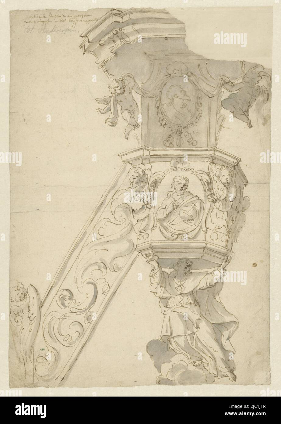 Design pour la chaire de la rue Annakapel à Anvers, dessinateur: Pieter Verbruggen (II), (attribué à), dessinateur: Hendrik Frans Verbruggen, 1687 - 1691, papier, stylo, pinceau, h 393 mm × l 271 mm Banque D'Images