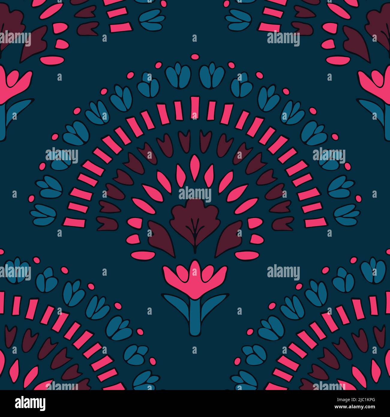 Motif vectoriel sans couture avec éventail de fleurs sur fond bleu. Magnifique papier peint en mosaïque turquoise. Textile tendance décoratif. Illustration de Vecteur