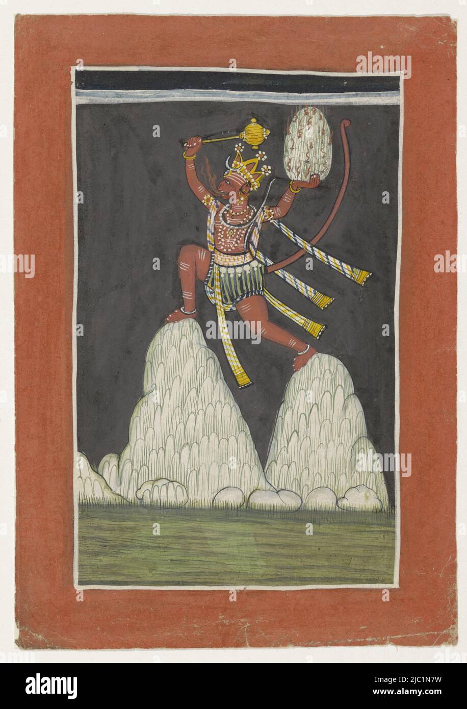 Le demi-god, le singe Hanuman, saute d'un sommet de montagne à l'autre, dans sa main gauche élevée il tient un morceau de roche avec des herbes médicinales, et dans sa main droite un club. Autour de la représentation, une bordure blanche et un large bord de feuille brun-orange, Hanuman saute sur les sommets de montagne., rapporteur pour avis: Anonyme, Mandi, 1780, papier, brosse, h 275 mm × l 226 mm, h 192 mm × l 143 mm Banque D'Images Le demi-god, le singe Hanuman, saute d'un sommet de montagne à l'autre, dans sa main gauche élevée il tient un morceau de roche avec des herbes médicinales, et dans sa main droite un club. Autour de la représentation, une bordure blanche et un large bord de feuille brun-orange, Hanuman saute sur les sommets de montagne., rapporteur pour avis: Anonyme, Mandi, 1780, papier, brosse, h 275 mm × l 226 mm, h 192 mm × l 143 mm Banque D'Images