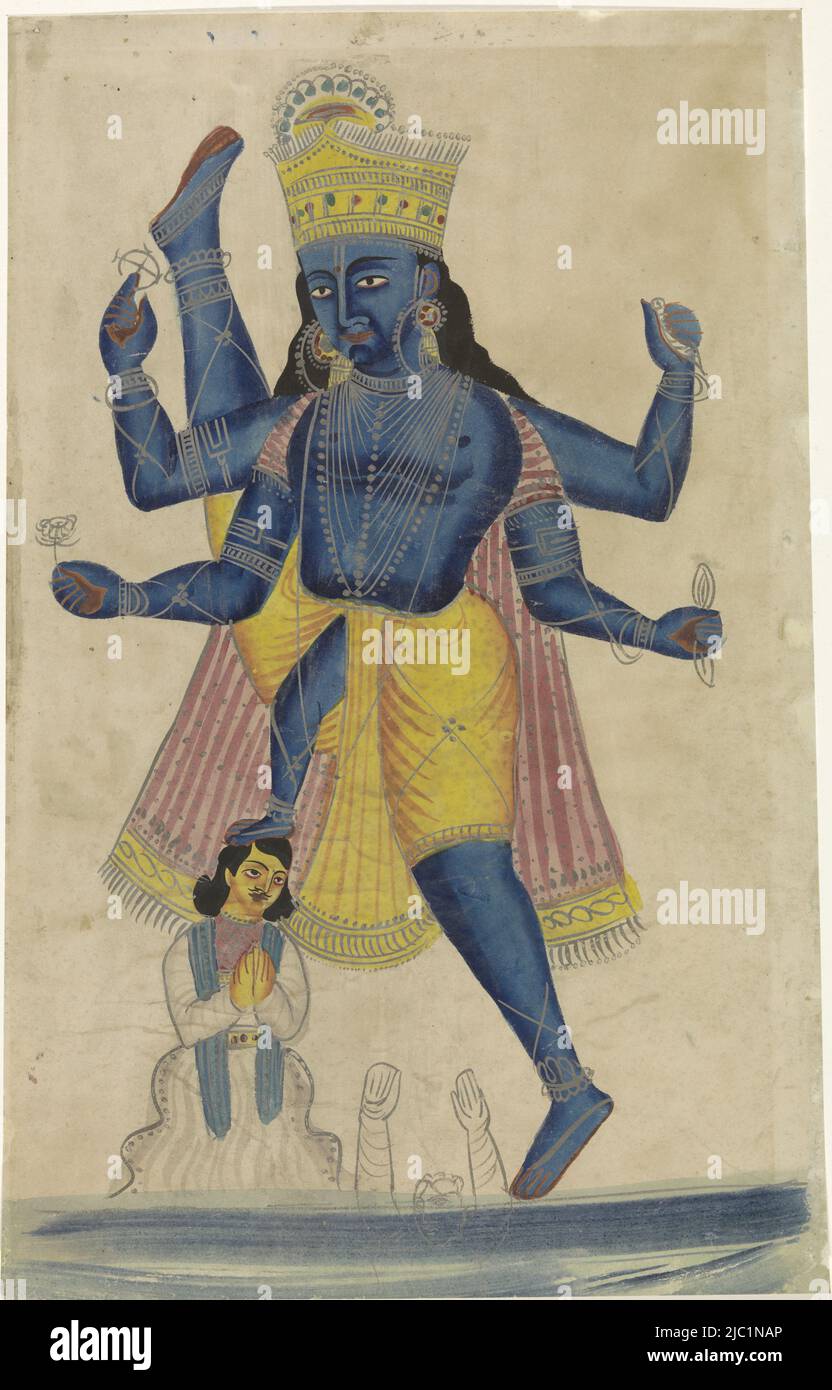 Une apparition de Vishna, Vamana, le nain se trouve devant une figure géante Vanama avec deux paires de bras et de jambes dont une vient de l'épaule et une est courte et se tient sur la tête de la figure naine, Dans la bande bleue au bas, une figure de noyade, Vamana avatar., rapporteur pour avis: Anonyme, Kalighat, c. 1800 - c. 1900, papier, brosse, h 440 mm × l 276 mm Banque D'Images