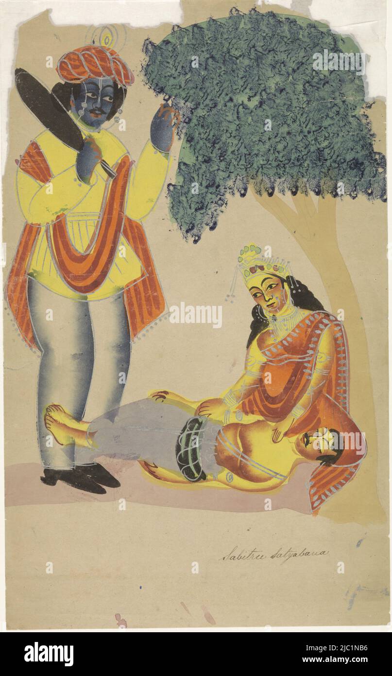 Sous un arbre se trouve une femme avec un homme mort sur ses genoux, devant elle se tient un homme avec un visage noir tenant dans sa main droite une batte noire(?), tout dans des couleurs plutôt jaune vif et orange. La feuille n'est pas complètement travaillée, au fond quelques taches, au sommet quelques pièces blanches, Savitri et le dieu de la mort Yama., dessinateur: Anonyme, Kalighat, 1800 - 1900, papier, brosse, h 452 mm × l 272 mm Banque D'Images